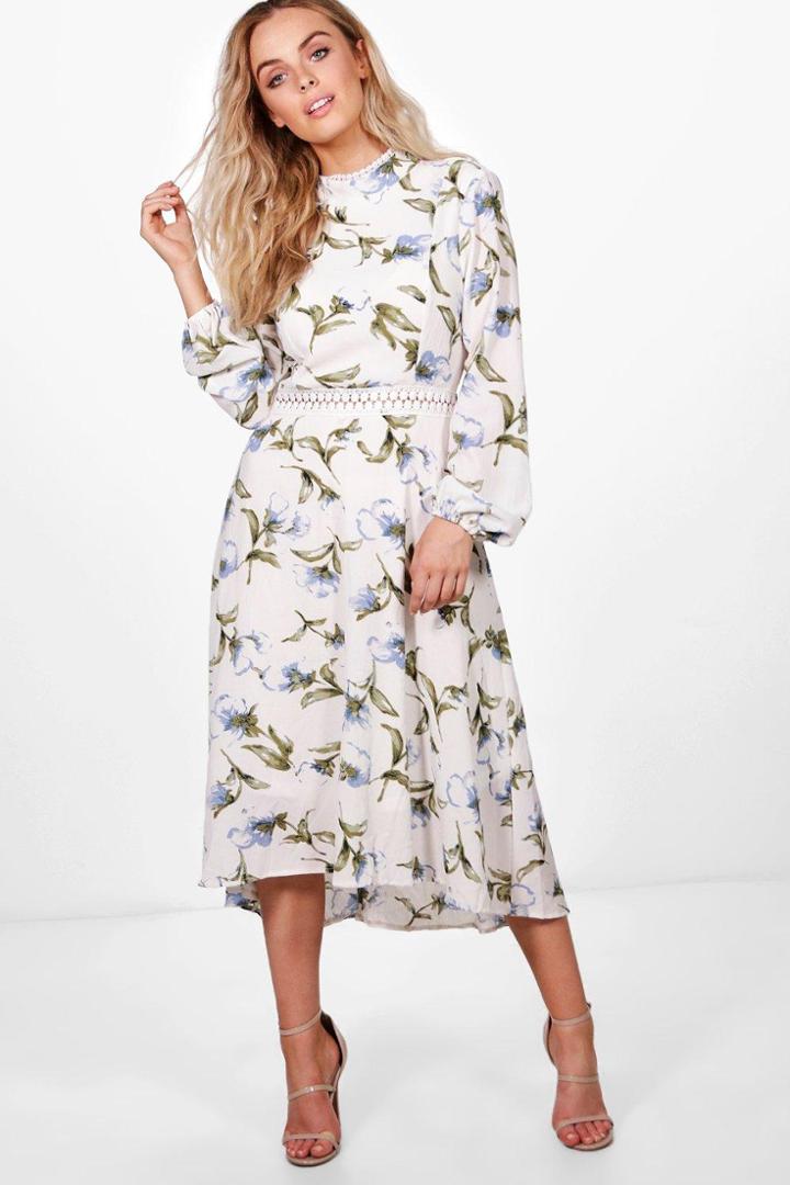 Boohoo Zena Floral Open Back Midi Skater Dress Ivory