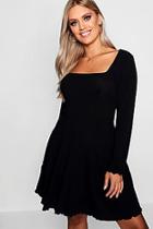 Boohoo Plus Square Neck Ribbed Sleeved Skater Dress