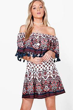 Boohoo Larsa Off Shoulder Tassle Print Shift Dress