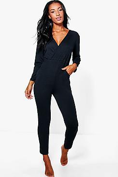 Boohoo Victoria Plain Wrap Front Lounge Jumpsuit