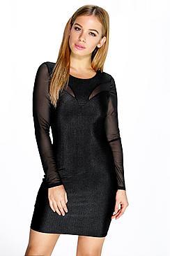Boohoo Petite Willow Ribbed Mesh Panelled Bodycon Dress