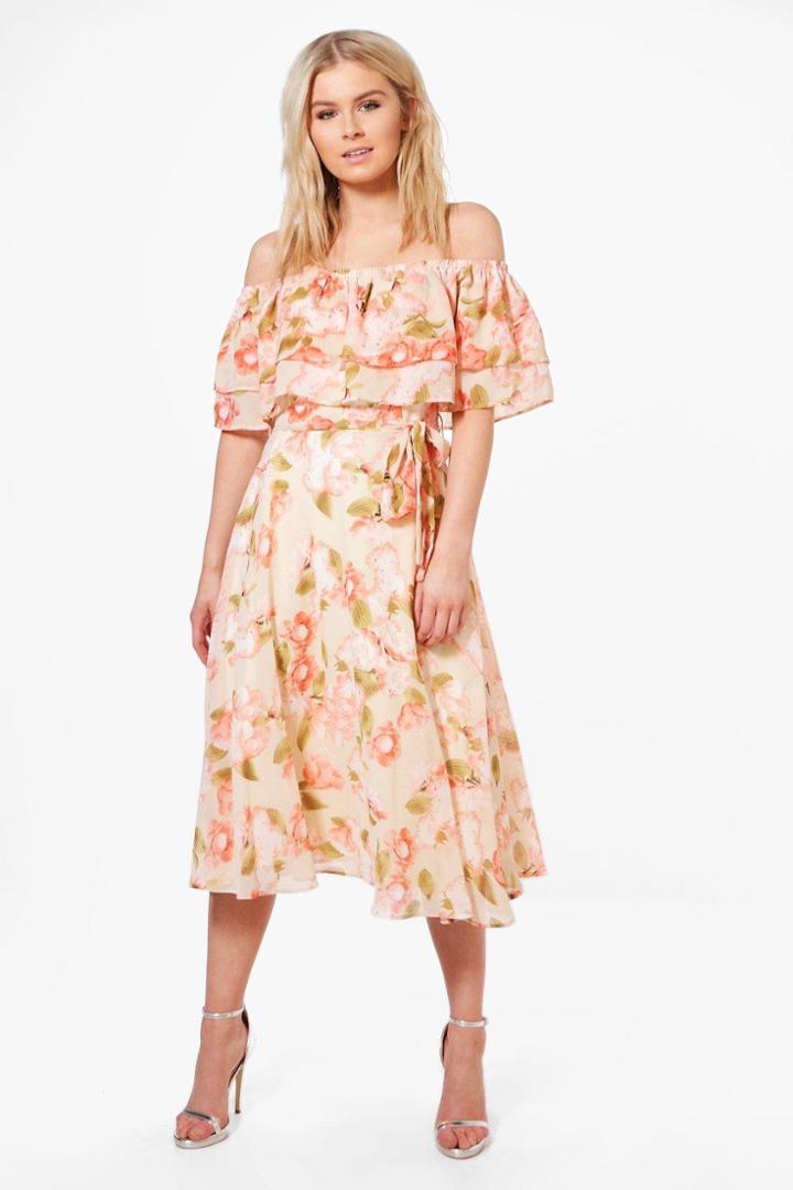 Boohoo Freyja Chiffon Floral Midi Skater Dress Multi