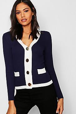 Boohoo Contrast Panel Cardigan With Oversized Gold Buttons