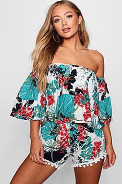 Boohoo Floral Bardot Pom Pom Trim Short Co-ord