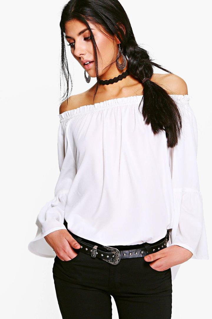 Boohoo Nadia Woven Off The Shoulder Ruffle Top White