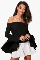 Boohoo Skyler Woven Bardot Flare Sleeve Top Black