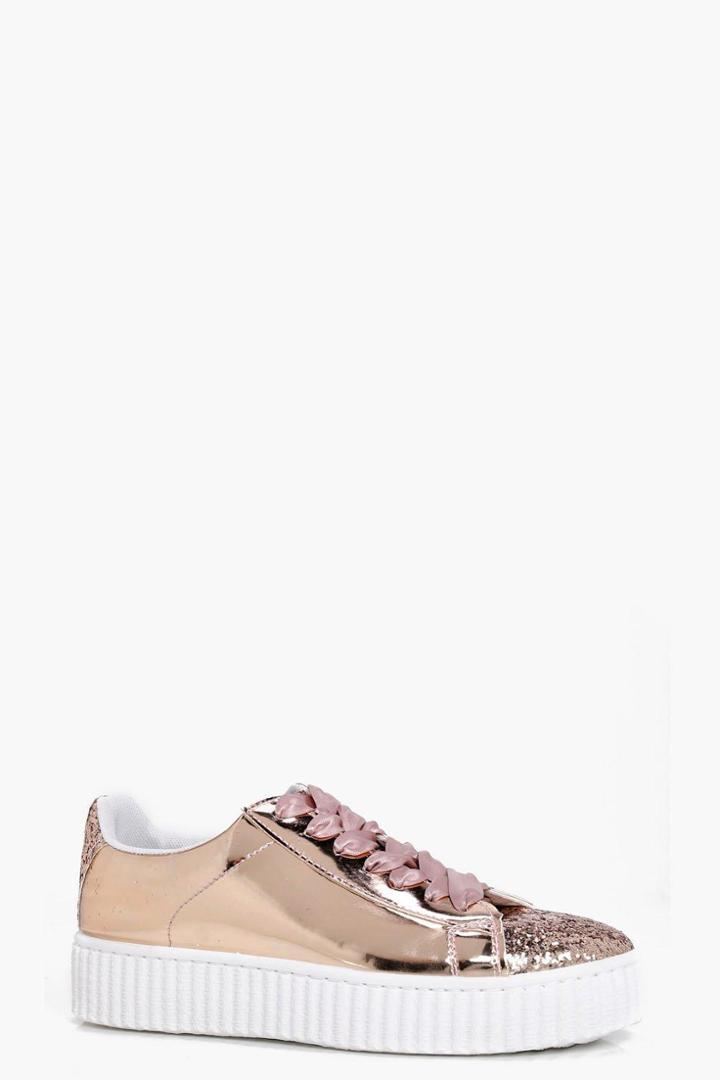 Boohoo Emily Glitter Panel Ribbon Lace Up Trainer Blush