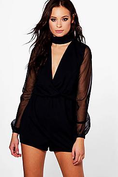 Boohoo Ava Mesh Sleeve Choker Style Plunge Playsuit
