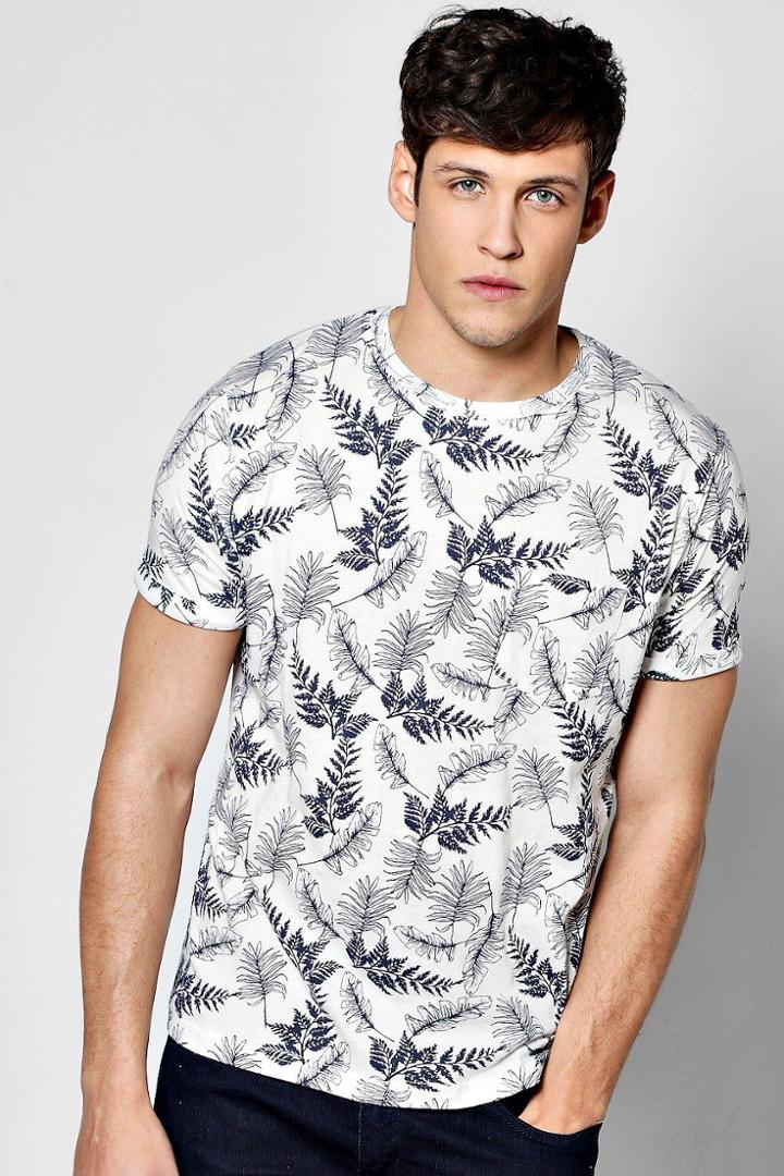 Boohoo All Over Leaf Print T Shirt Navy