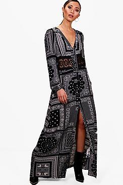 Boohoo Iyan Crochet Insert Button Scarf Print Maxi Dress