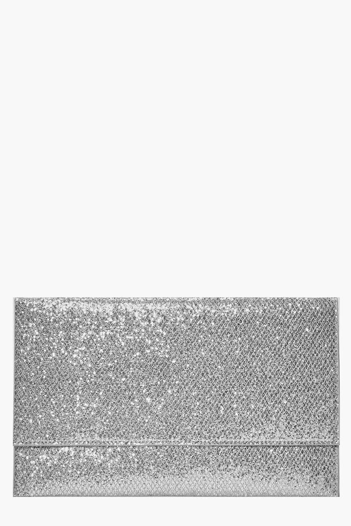 Boohoo Scarlett Fold Over Glitter Clutch Silver