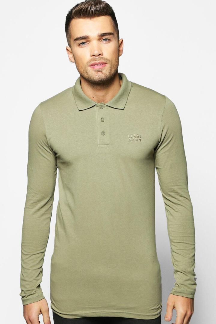 Boohoo Long Sleeve Muscle Fit Polo With Logo Khaki