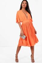 Boohoo Jeanie Kimono Pleated Skirt Midi Dress Orange
