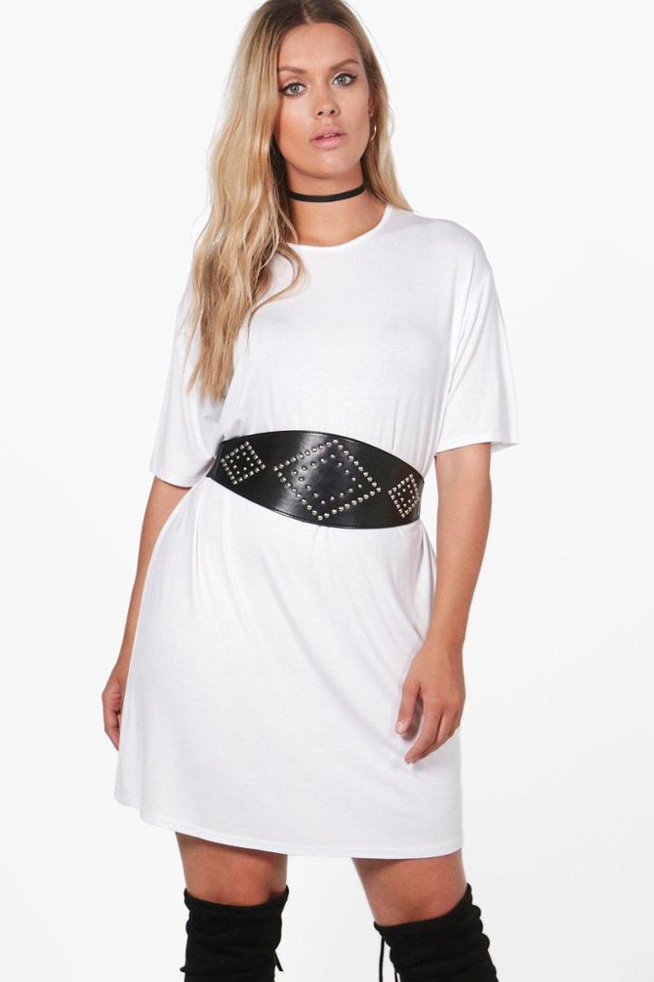 Boohoo Plus Faye Studded High Waist Belted T-shirt Dress White