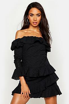 Boohoo Broderie Anglais Ruffle Off The Shoulder Mini Dress