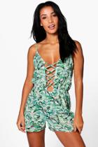Boohoo Erin Tropical Leaf Lace Up Beach Playsuit Green