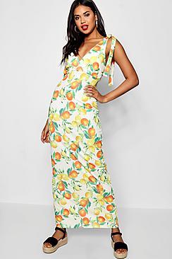 Boohoo Claudia Citrus Print Tie Shoulder Maxi Dress