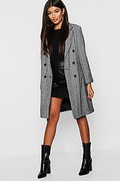 Boohoo Herringbone Double Breasted Wool Look Coat