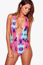Boohoo Menorca Tie Dye Plunge Cross Back Swimsuit