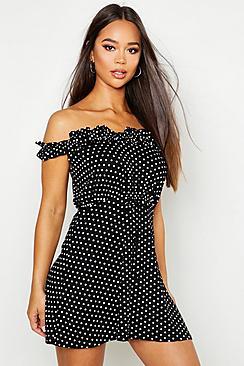 Boohoo Spot Ruffle Bardot Tie Waist Mini Dress