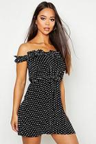 Boohoo Spot Ruffle Bardot Tie Waist Mini Dress