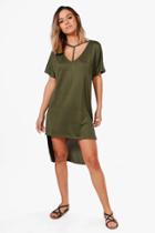 Boohoo Petite Georgie Strap Detail Dip Hem Tunic Dress Khaki