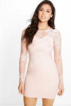 Boohoo Boutique Mel Corded Lace Long Sleeve Bodycon Dress Nude