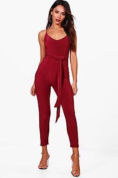 Boohoo Petite Paige Tie Waist Strappy Jumpsuit