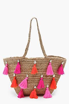 Boohoo Keira Multi Colour Tassel Straw Bag