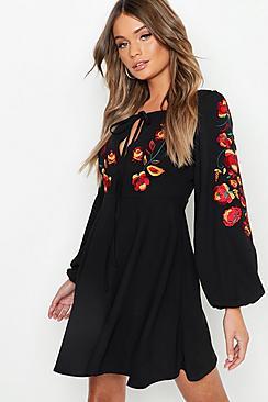Boohoo Embroidered Blouson Sleeve Skater Dress