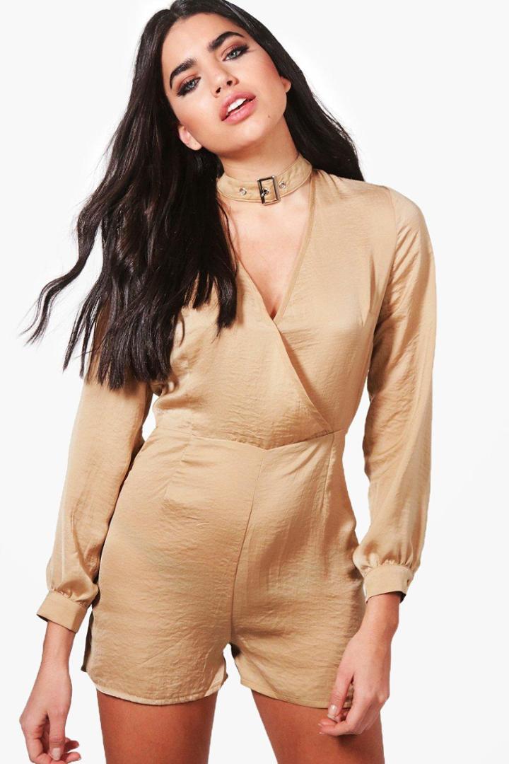 Boohoo Jen Wrap Front Buckle Choker Satin Playsuit Camel