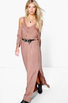 Boohoo Amy Button Front Cold Shoulder Maxi Dress Sand