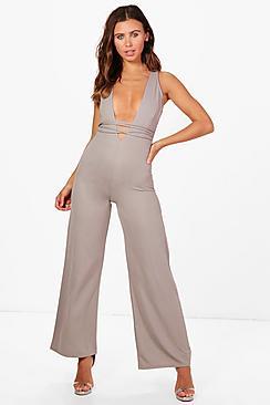 Boohoo Petite Plunge Detail Crepe Wide Leg Jumpsuit