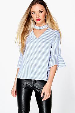 Boohoo Hayley Frill Sleeve Striped Choker Blouse