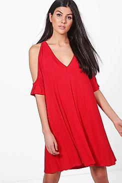 Boohoo Leila Cold Shoulder Swing Dress