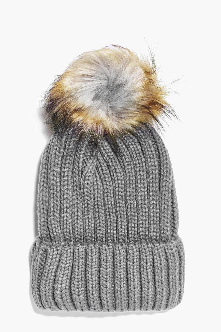 Boohoo Amy Rib Beanie Faux Fur Pom Grey