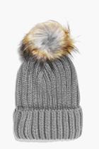 Boohoo Amy Rib Beanie Faux Fur Pom Grey