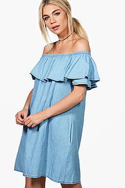 Boohoo Rachael Ruffle Off Shoulder Chambray Dress