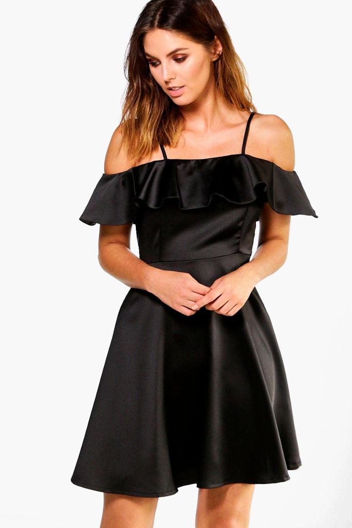 Boohoo Suki Satin Off The Shoulder Frill Skater Dress Black