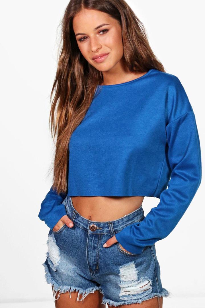 Boohoo Petite Chrissie Cropped Raw Edge Sweat Blue