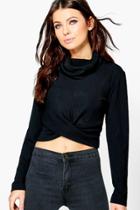 Boohoo Carla Cowl Neck Ribbed Long Sleeve Crop Top Black