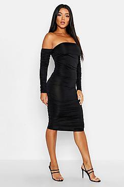 Boohoo Off Shoulder Long Sleeved Ruched Mini Dress