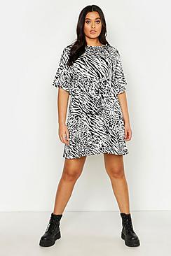 Boohoo Plus Animal Print Smock Dress