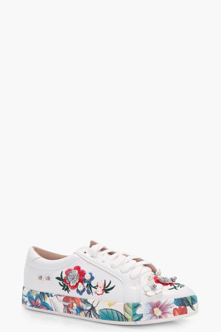 Boohoo Evie Pearl & Diamante Embroidered Trainer White