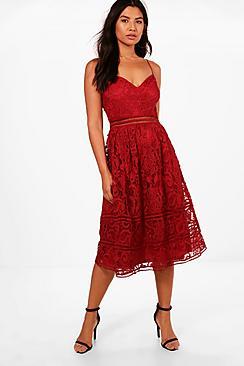 Boohoo Molly Lace Trim Detail Midi Skater Dress