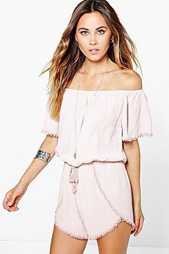 Boohoo Mia Crochet Trim Off The Shoulder Playsuit