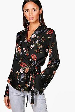 Boohoo Tall Harper Oriental Wrap Front Blouse