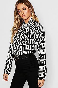 Boohoo Geo Print Satin Pussybow Blouse