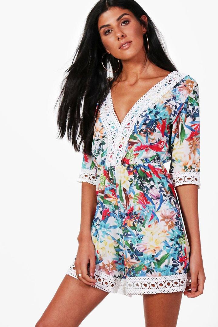 Boohoo Isla Tropical Print Crochet Trim Playsuit Multi
