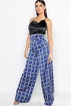 Boohoo Chain Print Satin Cut Out Wide Leg Pants